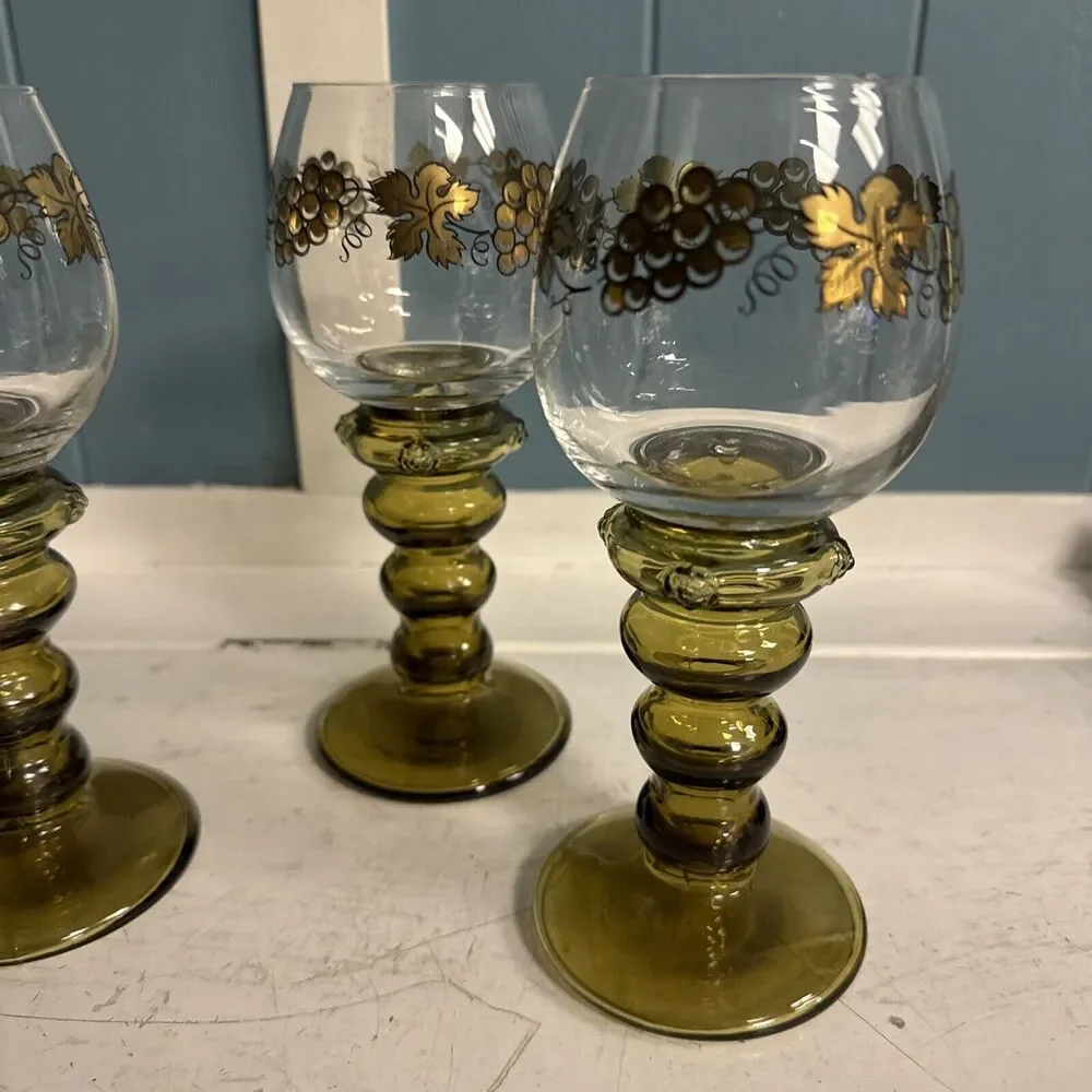 4 Gilded German Roemer Antique 7” Wine Glasses W/ Prunts Olive Green Bubble Stem